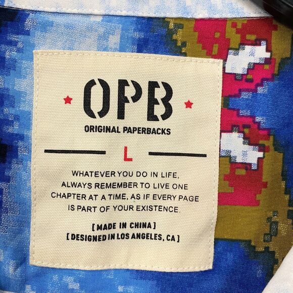 OPB Original Paperbacks Shirt Mens L Blue Button Up Geometric Rayon - Picture 4 of 7